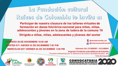 Clausura talleres virtuales de danza folclórica. Fundación Cultural Raíces de Colombia