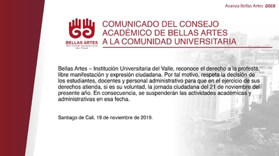 El Instituto Departamental Bellas Artes suspenderá sus  actividades académicas y administrativas este 21 de noviembre