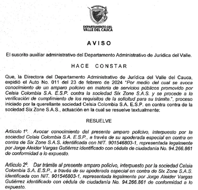 AVISO - CELSIA CONTRA SIX ZONE S.A.S