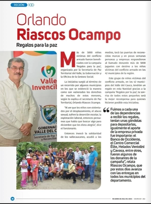 La prestigiosa revista “100 Líderes del Valle del Cauca”, en su edición 2021-2022, resalta la iniciativa del Secretario de Paz Territorial y Reconciliación Orlando Riascos Ocampo
