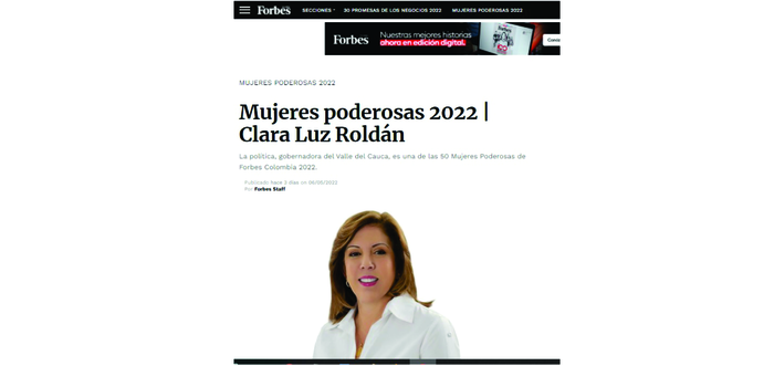 Elección de la Gobernadora entre las ‘50 Mujeres Más Poderosas’ de Forbes ratifica el liderazgo de las vallecaucanas